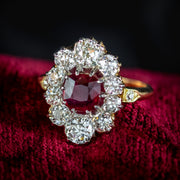Antique Victorian Ruby Diamond Cluster Ring 1.15ct Ruby With Cert