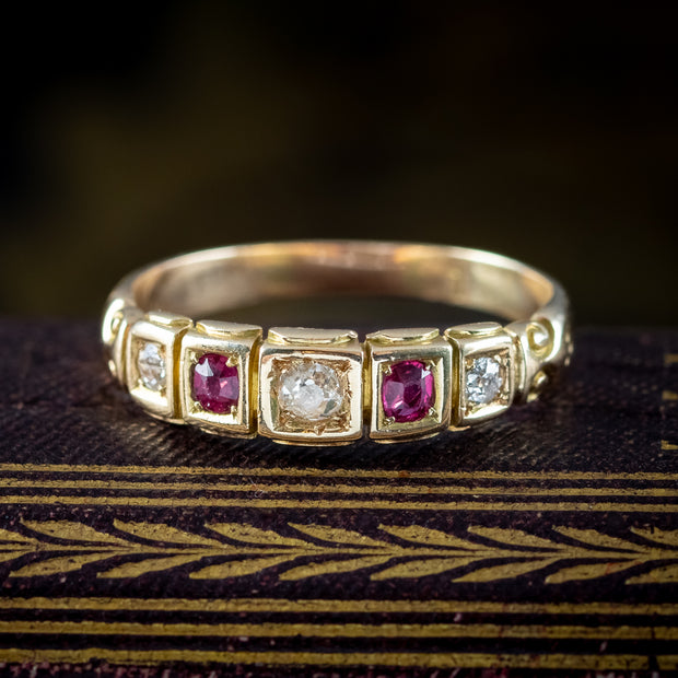 Antique Victorian Ruby Diamond Five Stone Band Ring 