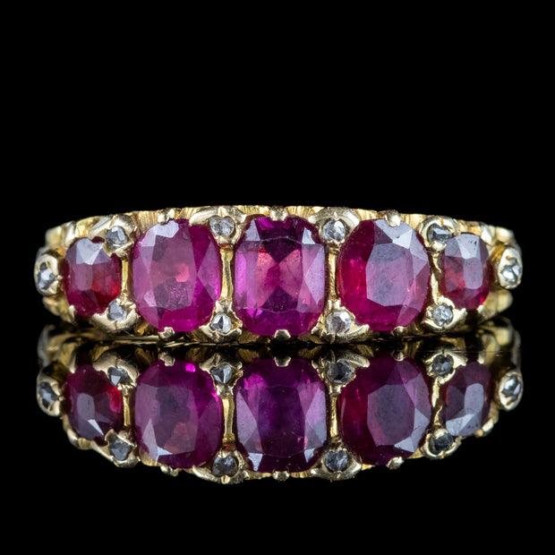 Antique Victorian Ruby Diamond Five Stone Ring 1.25ct Of Ruby With Cert