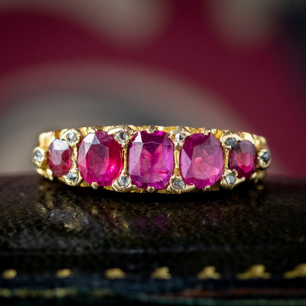 Antique Victorian Ruby Diamond Five Stone Ring 1.25ct Of Ruby With Cert