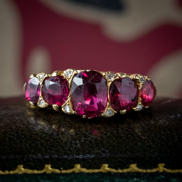 Antique Victorian Ruby Diamond Five Stone Ring 2.6ct Rubies With Cert