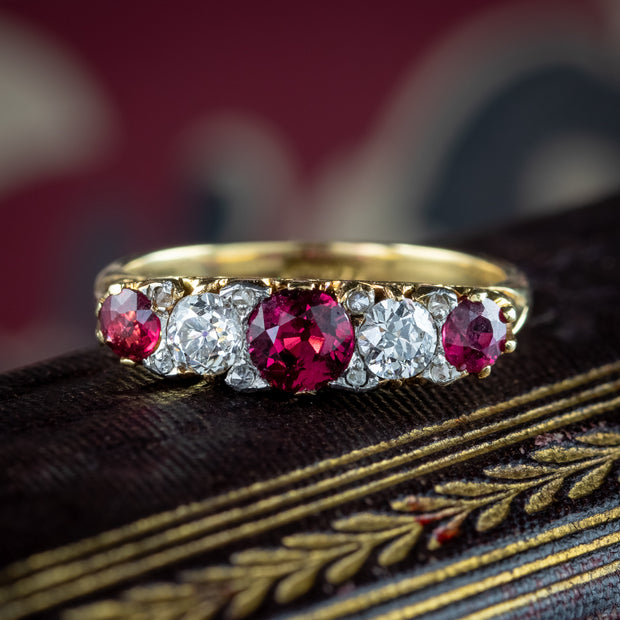 Antique Victorian Ruby Diamond Five Stone Ring 0.90ct Ruby