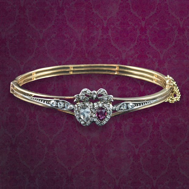 Antique Victorian Ruby Diamond Heart Bangle Silver 18ct Gold 