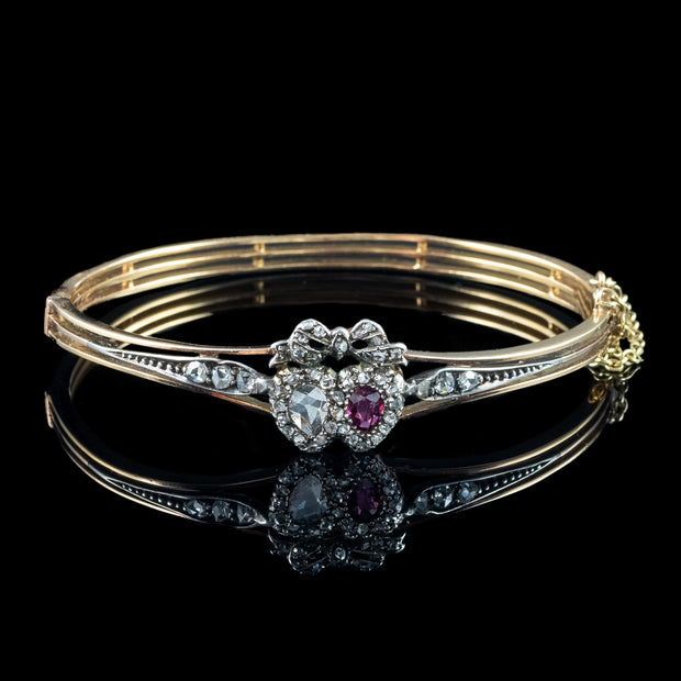 Antique Victorian Ruby Diamond Heart Bangle Silver 18ct Gold 