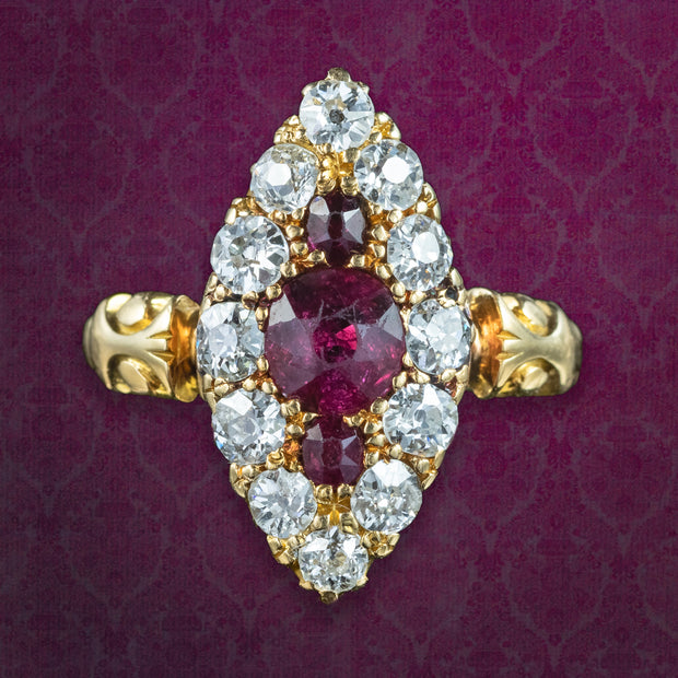 Antique Victorian Ruby Diamond Navette Cluster Ring 