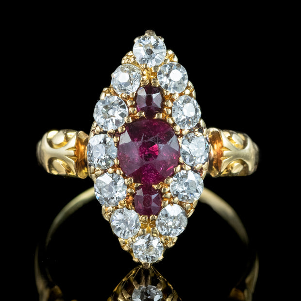 Antique Victorian Ruby Diamond Navette Cluster Ring 