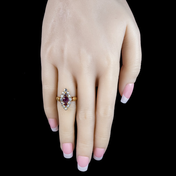 Antique Victorian Ruby Diamond Navette Cluster Ring 