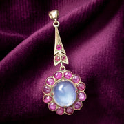 Antique Victorian Ruby Moonstone Flower Pendant 15ct Gold 3.5ct Moonstone