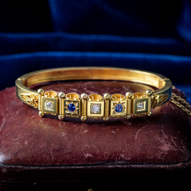 Antique Victorian Sapphire Diamond Bangle 18ct Gold With Box