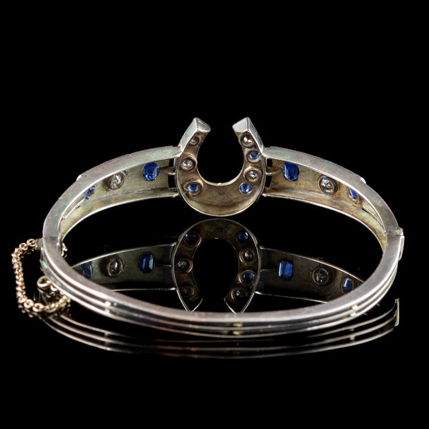 Antique Victorian Sapphire Diamond Horseshoe Bangle 9ct Gold