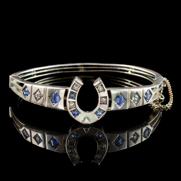 Antique Victorian Sapphire Diamond Horseshoe Bangle 9ct Gold