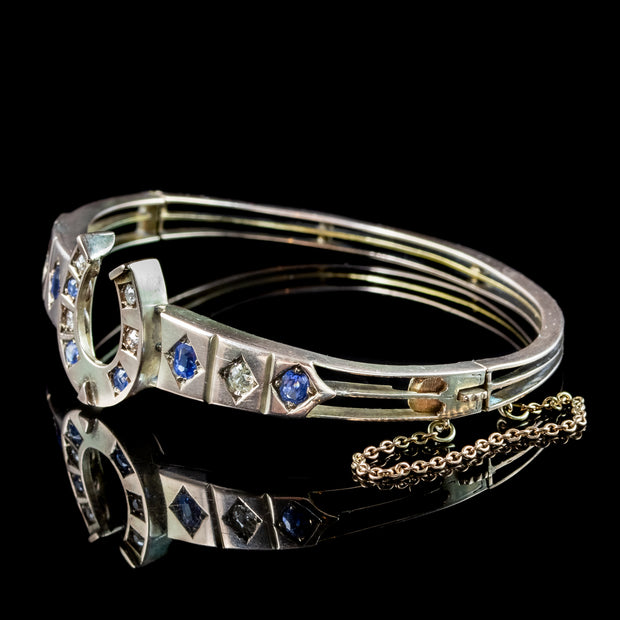 Antique Victorian Sapphire Diamond Horseshoe Bangle 9ct Gold