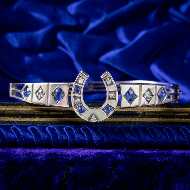 Antique Victorian Sapphire Diamond Horseshoe Bangle 9ct Gold