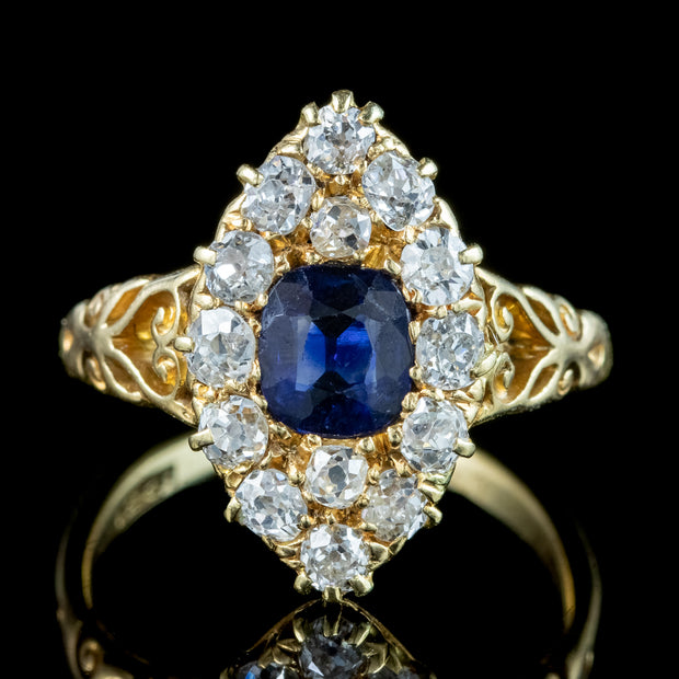 Antique Victorian Sapphire Diamond Navette Cluster Ring 1ct Sapphire