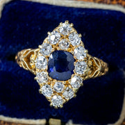 Antique Victorian Sapphire Diamond Navette Cluster Ring 1ct Sapphire