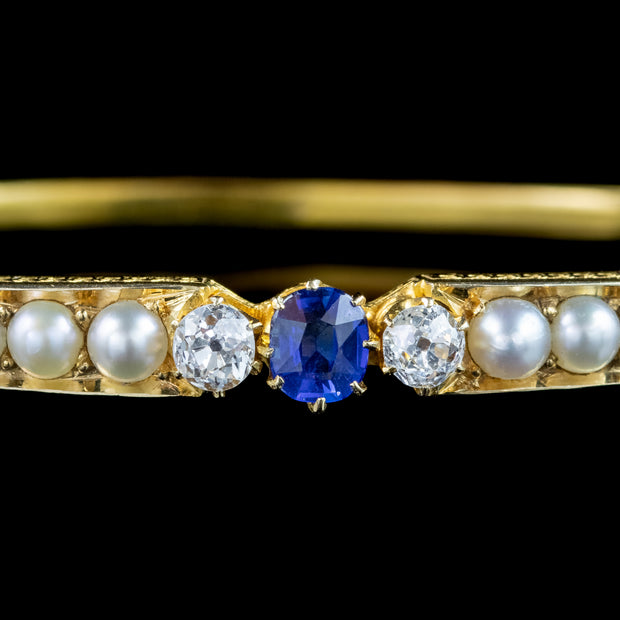 Antique Victorian Sapphire Diamond Pearl Bangle 15ct Gold 