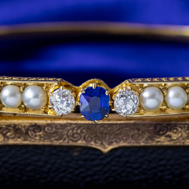 Antique Victorian Sapphire Diamond Pearl Bangle 15ct Gold 