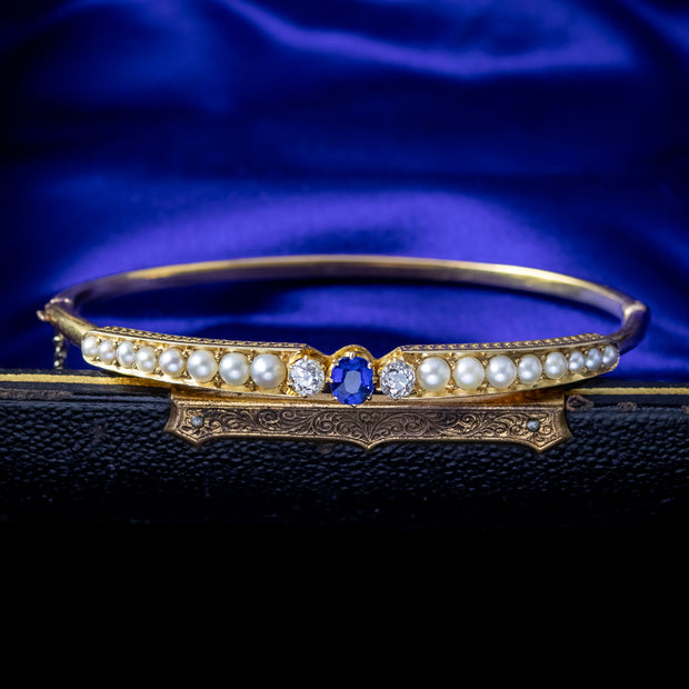 Antique Victorian Sapphire Diamond Pearl Bangle 15ct Gold 