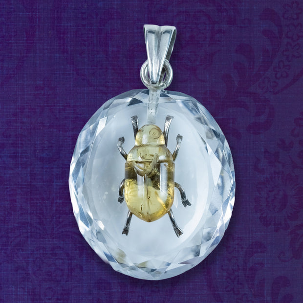 Antique Victorian Scarab Pendant Rock Crystal Citrine Beetle 