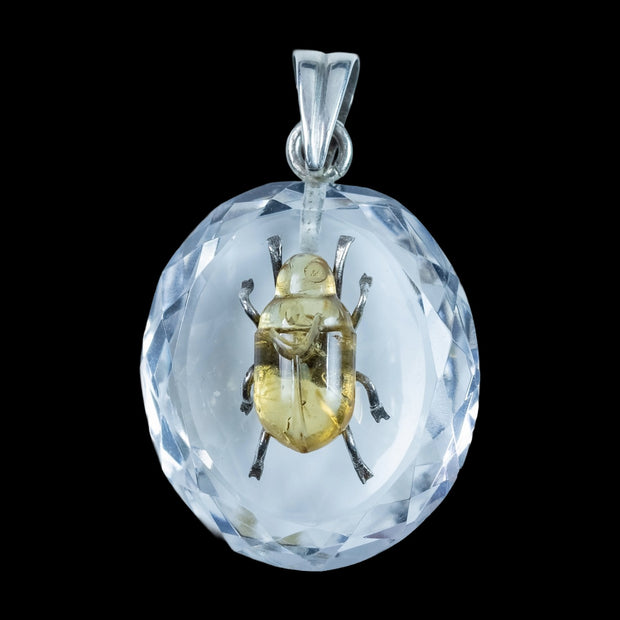Antique Victorian Scarab Pendant Rock Crystal Citrine Beetle 