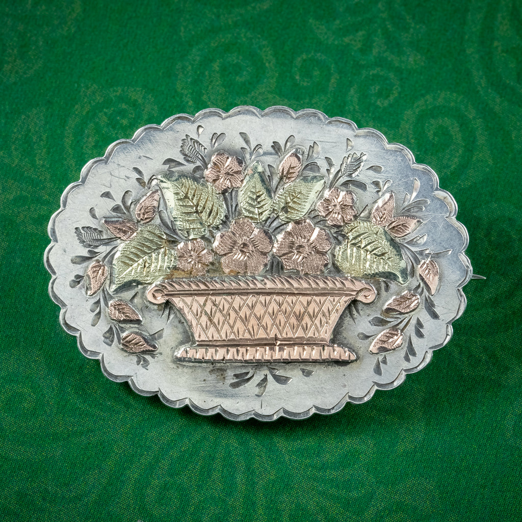 Victorian Sterling Silver Giardinetto Brooch English Hallmark - Flowers w/ Basket Heart online Shape Pin - Estate Jewelry Birmingham England 1887