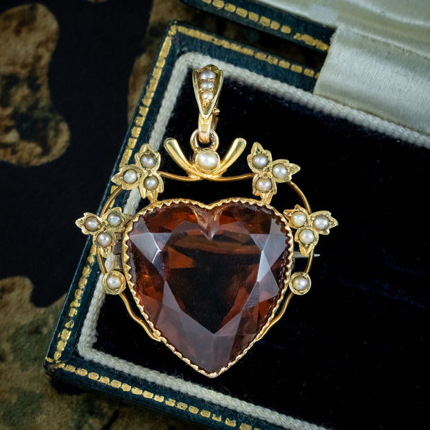 Antique Victorian Smoky Quartz Pearl Heart Pendant 15ct Gold 16ct Quartz