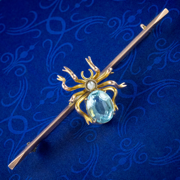 Antique Victorian Spider Bar Brooch Blue Topaz Pearl 9ct Gold