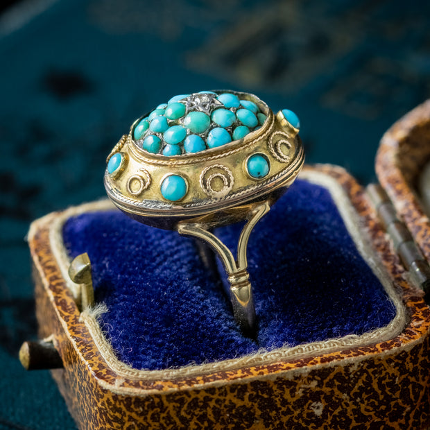 Antique Victorian Turquoise Diamond Etruscan Ring 