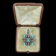 Antique Victorian Turquoise Diamond Pearl Flower Pendant With Box