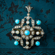 Antique Victorian Turquoise Diamond Pearl Flower Pendant With Box
