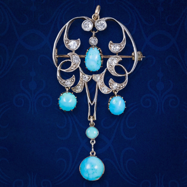 Antique Victorian Turquoise Diamond Pendant Brooch Silver 18ct Gold