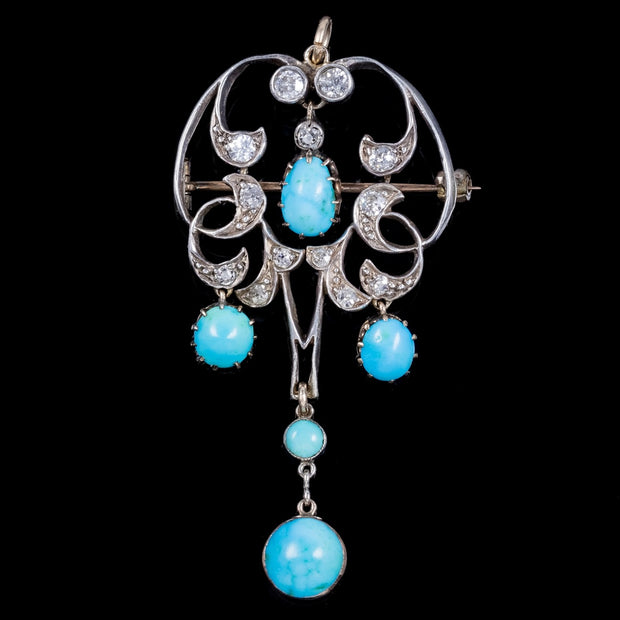 Antique Victorian Turquoise Diamond Pendant Brooch Silver 18ct Gold