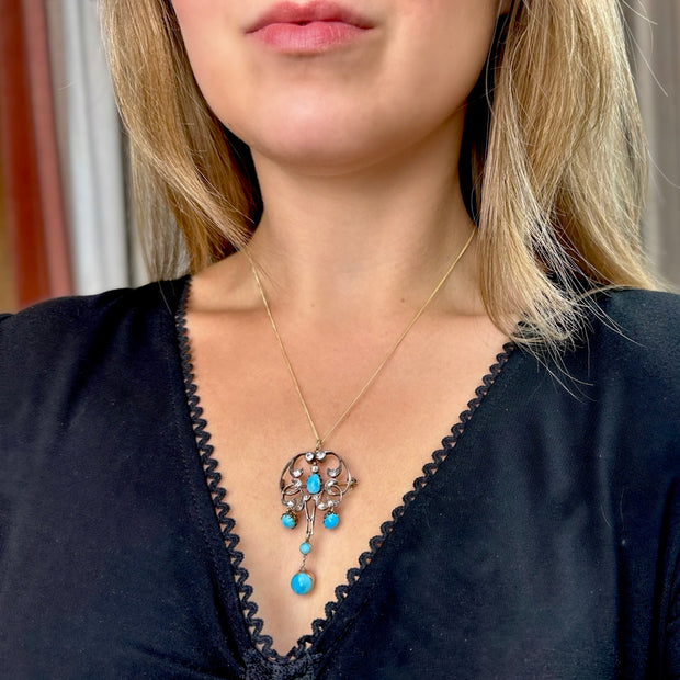 Antique Victorian Turquoise Diamond Pendant Brooch Silver 18ct Gold