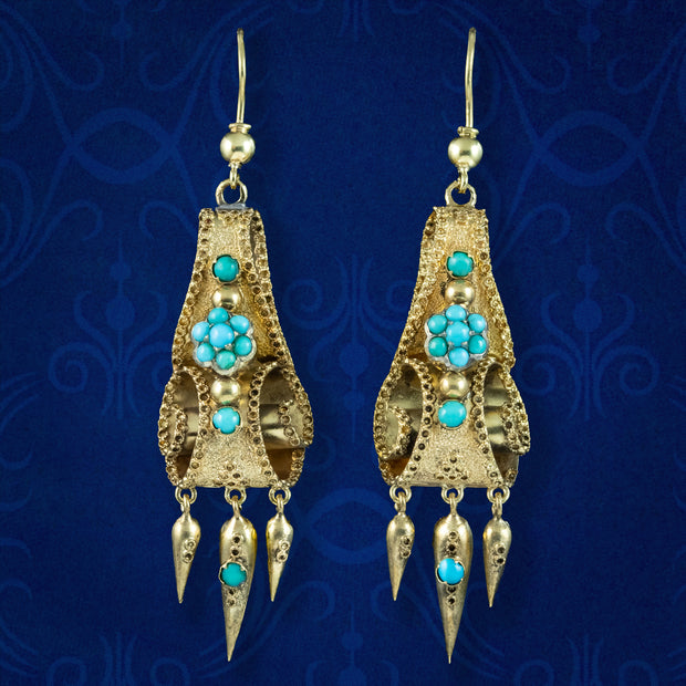 Antique Victorian Turquoise Etruscan Drop Earrings 18ct Gold