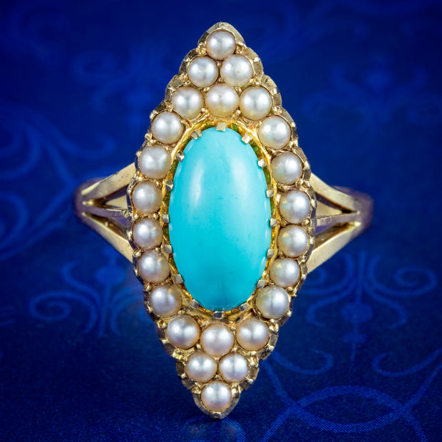 Antique Victorian Turquoise Pearl Navette Cluster Ring 