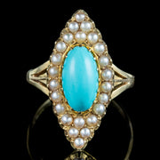 Antique Victorian Turquoise Pearl Navette Cluster Ring 