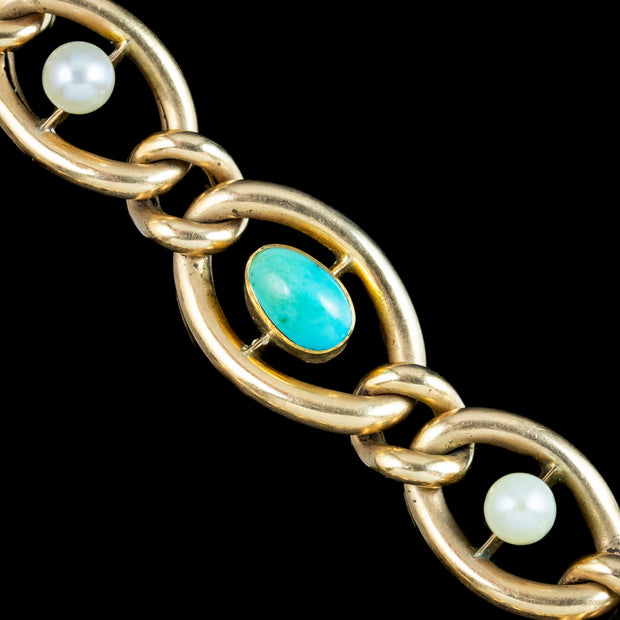 Antique Victorian Turquoise Pearl Curb Bracelet 15ct Gold