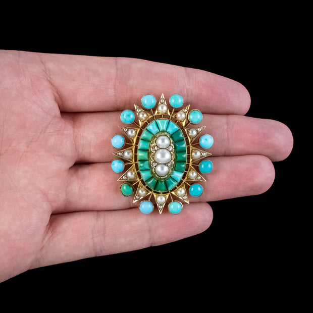 Antique Victorian Turquoise Pearl Diamond Star Pendant 18ct Gold