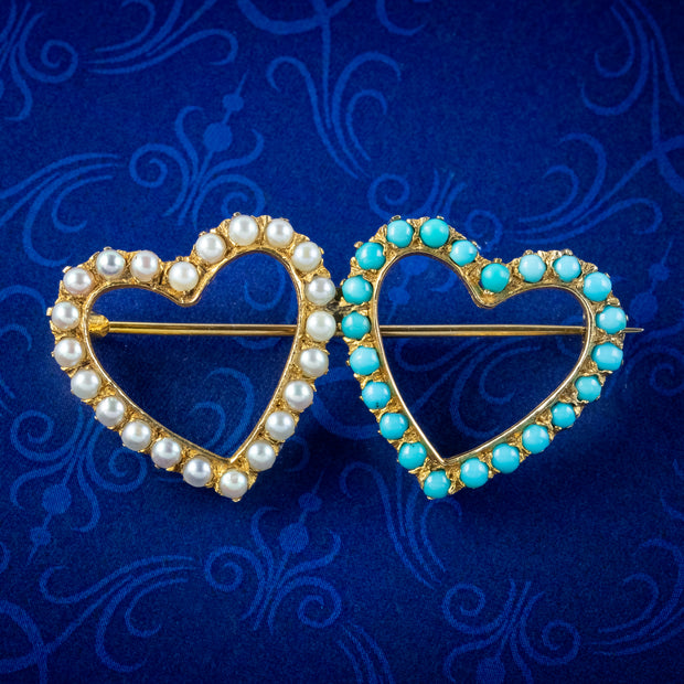 Antique Victorian Turquoise Pearl Double Heart Brooch 18ct Gold