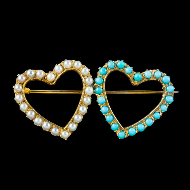 Antique Victorian Turquoise Pearl Double Heart Brooch 18ct Gold