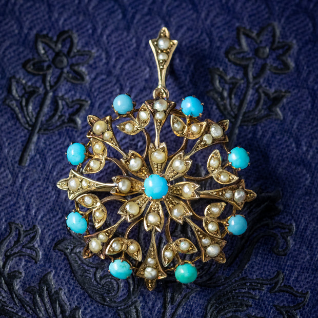 Antique Victorian Turquoise Pearl Flower Pendant 18ct Gold 