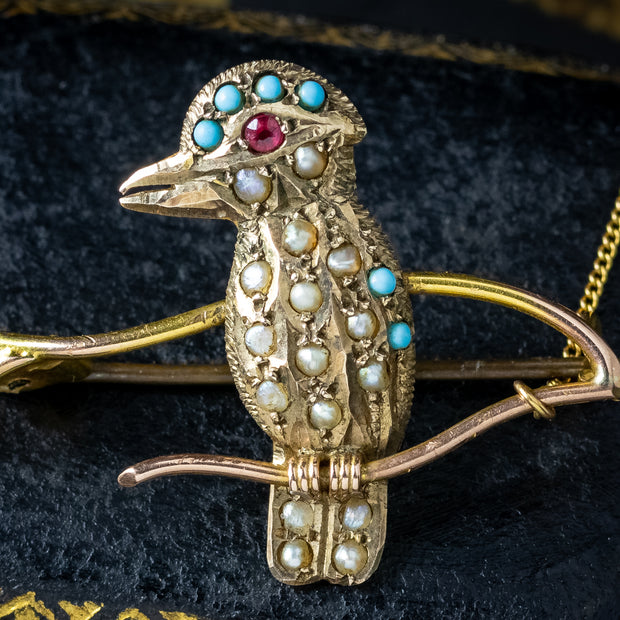 Antique Victorian Turquoise Pearl Kookaburra Brooch 9ct Gold 