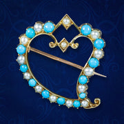 Antique Victorian Witches Heart Brooch Pearl Turquoise 15ct Gold 