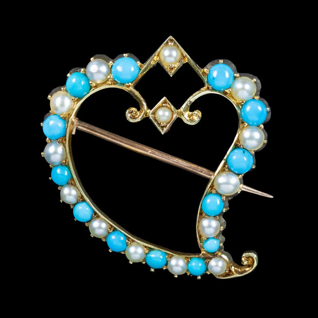 Antique Victorian Witches Heart Brooch Pearl Turquoise 15ct Gold 