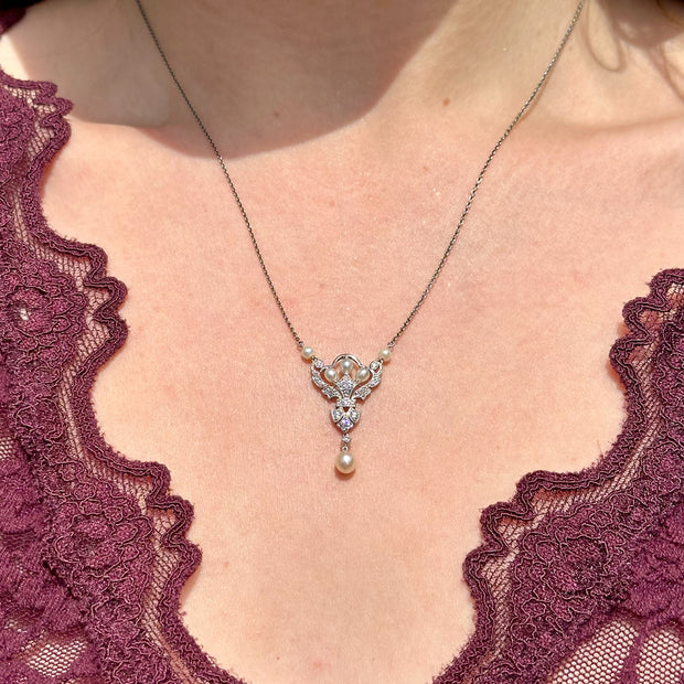 Antique Edwardian Pearl Diamond Lavaliere Necklace 14ct Gold