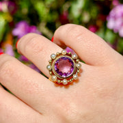 Antique Victorian Amethyst Pearl Cluster Ring 6ct Amethyst