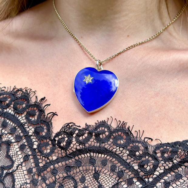 Antique Victorian Blue Guilloche Enamel Heart Locket Pearl Star