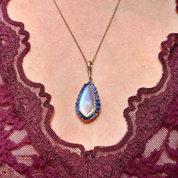Antique Victorian Moonstone Sapphire Pendant Necklace 15ct Moonstone