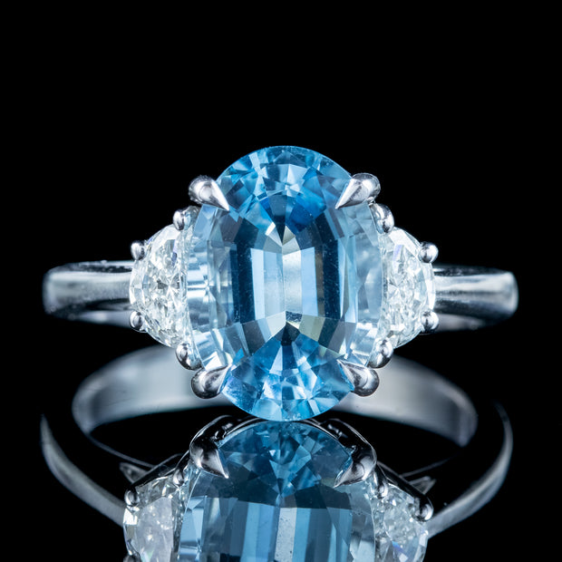 Art Deco Style Aquamarine Half Moon Diamond Trilogy Ring 3ct Aqua