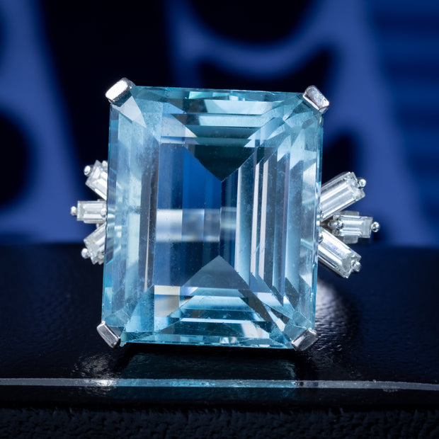 Art Deco Aquamarine Diamond Cocktail Ring 35ct Aqua